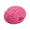 A pink brain-shaped stress reliever with a logo on its side, designed for fun and relaxation.
