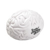 A white brain-shaped stress reliever with a textured surface and a logo on the side.