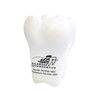 A white tooth-shaped stress reliever with a logo, designed as a fun stress keyring.