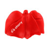 A red lung-shaped stress reliever with a logo. The design is smooth and slightly squishy.