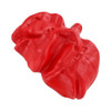 A red lung-shaped stress reliever with a smooth texture and flexible design. It includes a logo.