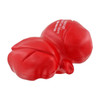 A red lung-shaped stress reliever with a smooth texture and a logo on one side.
