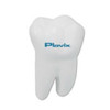 A large white tooth-shaped stress reliever with a logo on it, designed as a keyring.
