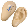 A beige ear-shaped stress reliever with a logo, featuring a smooth, soft texture.