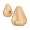 A beige stress reliever shaped like a large nose, featuring a logo on one side.