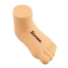 A beige leg-shaped stress reliever with a smooth texture and a logo on the side.
