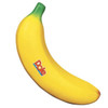 A yellow banana-shaped stress reliever with a green top and a logo on the side.