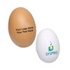A brown and a white egg-shaped stress reliever with branding. One has a smooth finish, the other a logo.