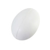 An egg-shaped stress reliever in white with a smooth surface and a subtle seam detail. Features a logo.