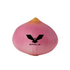 A pink onion-shaped stress reliever with a yellow tip. It features a black logo.