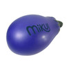 A purple eggplant-shaped stress reliever with a green stem and a logo. Ideal for fun and stress relief.