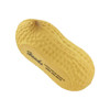 A yellow peanut-shaped stress reliever with a textured surface, featuring a logo on one side.