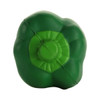 A green capsicum-shaped stress reliever with a textured surface and a round base, featuring a logo.