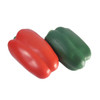 A red and green capsicum-shaped stress reliever with a smooth finish, featuring a logo.