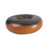 A donut-shaped stress reliever in brown and black, featuring a smooth finish and a branded logo.
