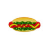 A hot dog-shaped stress reliever in yellow, red, and green, featuring details of lettuce and condiments.