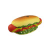 A hot dog-shaped stress reliever in yellow, red, and green colours, featuring a branding logo.