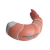 A pink and white shrimp-shaped stress reliever with a logo on the side.