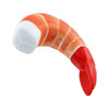A red and white shrimp-shaped stress reliever with a smooth texture and a cartoonish design.