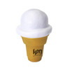 An ice cream cone stress reliever in yellow with a white scoop on top, featuring a logo on the cone.