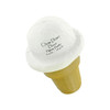 A white ice cream shape stress reliever featuring a waffle cone and a smooth scoop on top, with a logo.