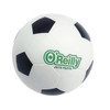 A football-shaped stress reliever in black and white, featuring a logo on one side.