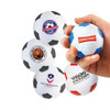 A hand squeezes a round, white and blue football-shaped stress reliever featuring a logo, among several others.