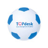 A white football-shaped stress reliever with blue panels and a logo on the surface.