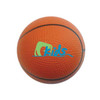 An orange basketball-shaped stress reliever with a textured surface and a logo.