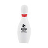A white bowling pin-shaped stress reliever with red stripes and a logo on the front.