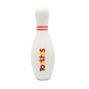 A bowling pin-shaped stress reliever in white with red stripes and a branded logo.