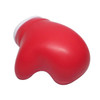A red boxing glove-shaped stress reliever with a smooth finish and a white cuff. It features a logo.