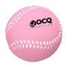 A pink baseball-shaped stress reliever with white stitching and a logo. Ideal for fun and stress relief.