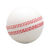 A white stress ball shaped like a cricket ball, featuring red stitching details and a smooth surface.