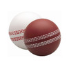 A red and a white cricket ball shape stress reliever, featuring stitched details. Both have a smooth finish and a logo.