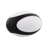 A stress rugby ball in black and white, featuring a smooth surface and a logo on one side.