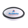 A white stress rugby ball with a black trim and a logo on one side.