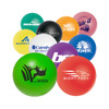 A collection of colourful 50mm ball-shaped stress relievers in various vibrant colours, featuring different logos.