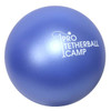 A blue 50mm stress ball featuring a logo, with a smooth, shiny surface.
