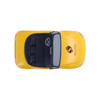 A yellow sports car-shaped stress reliever with a black top and a logo on the side.