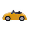A yellow sports car-shaped stress reliever with black wheels and seating. It has a smooth, glossy finish.