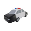 A black and white police car-shaped stress reliever with a red and blue light on top. Features a simple design.