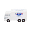 A white goods van-shaped stress reliever with black wheels and a logo on the side.