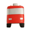 A red fire truck-shaped stress reliever with silver detailing and a black base. It features a simple design and has a logo.