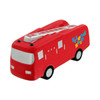 A red fire truck-shaped stress reliever with black wheels and silver detailing on top, featuring a logo.