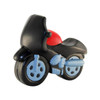 A black and red motorcycle-shaped stress reliever with blue wheels, featuring a logo on its side.