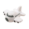 A white aircraft-shaped stress reliever with black details, designed for fun and games. It features a logo.