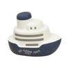 A white and navy ship-shaped stress reliever with grey stripes and a branding logo.