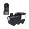 A black locomotive-shaped stress reliever with a logo, featuring detailed design elements and a soft texture.
