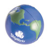 A blue and green stress ball shaped like the Earth, featuring a logo on one side.